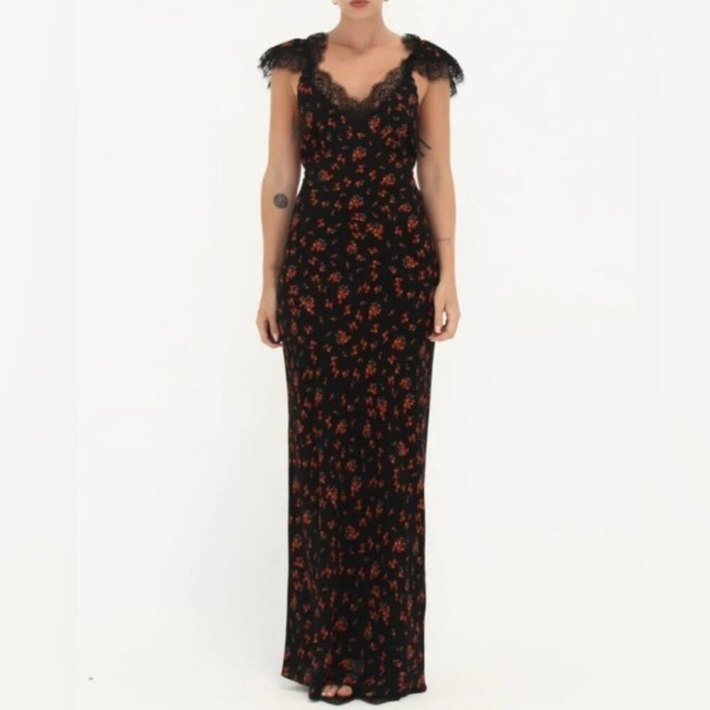 Rumored Frontier Maxi Dress Spanish Poppy Black Red Floral Lace Trim NWT Small